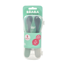 Load image into Gallery viewer, Beaba 1st Stage Silicone Spoons Two-tone Travel Set with Case - Mineral/Sage Green