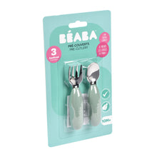 Load image into Gallery viewer, Beaba Fork &amp; Spoon Stainless Steel Pre-Cutlery - Sage Green
