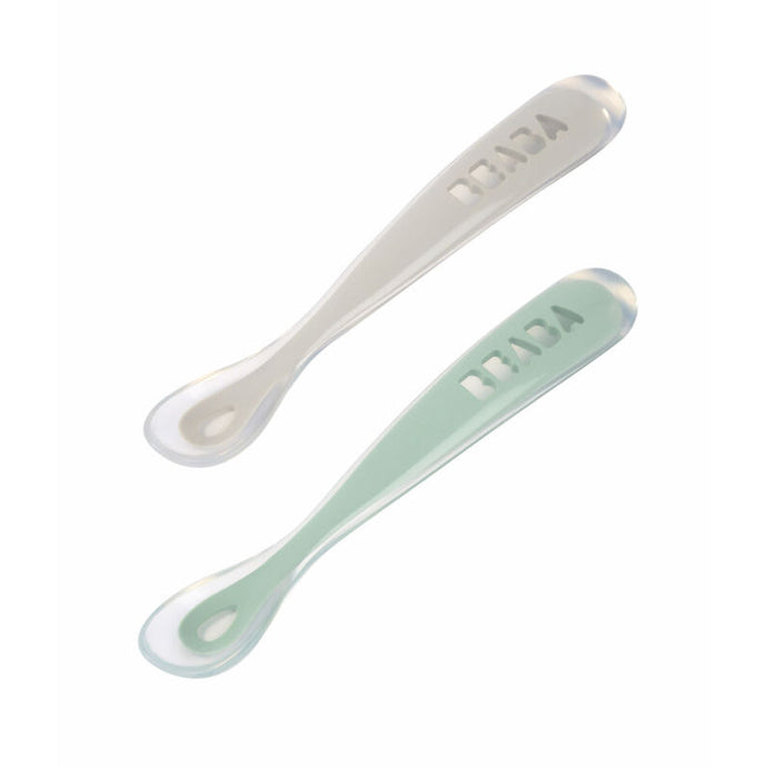 Beaba 1st Stage Silicone Spoon Travel Twin Set with Case - Velvet Grey/ Sage Green