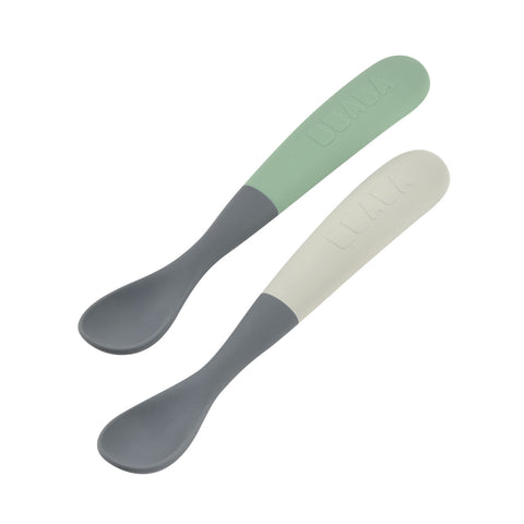 Beaba 1st Stage Silicone Spoons Two-tone Travel Set with Case - Mineral/Sage Green