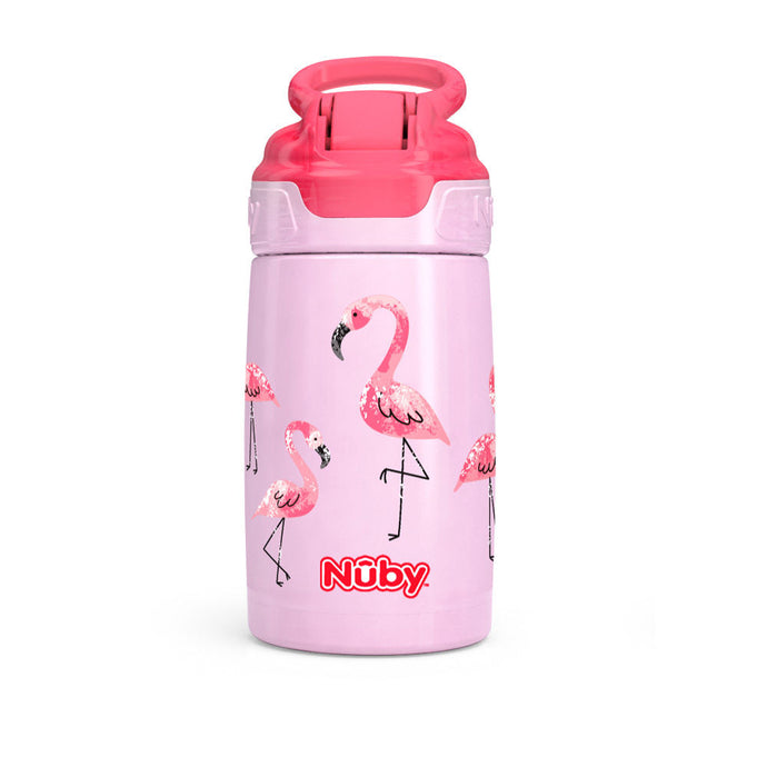 Nuby Thirsty Kids Printed Stainless Steel 10oz / 300ml No Spill Flip-It Reflex Push Button Soft Spout On the Go Cup - Flamingo