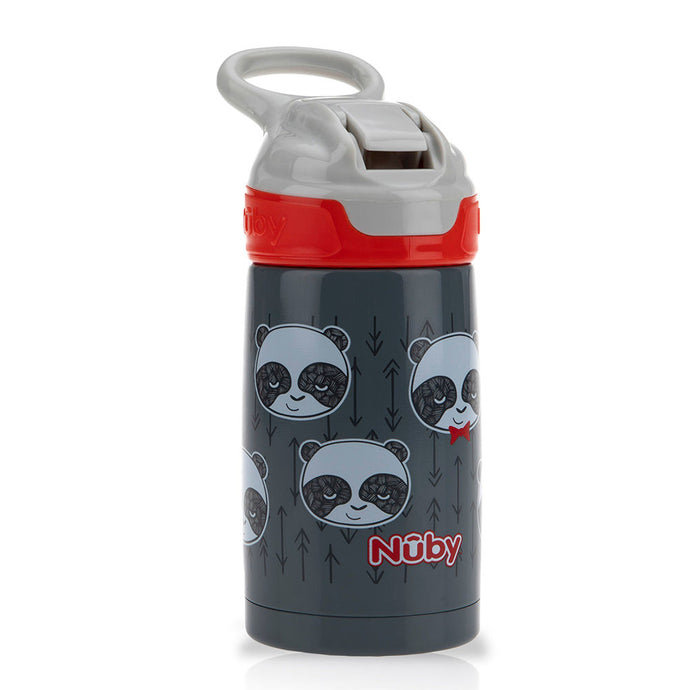 Nuby Thirsty Kids Printed Stainless Steel 10oz / 300ml No Spill Flip-It Reflex Push Button Soft Spout On the Go Cup - Pandas